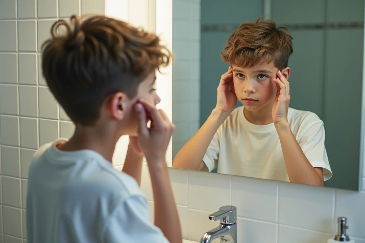 Adolescent se coiffant devant le miroir de la salle de bain, entretien d'une coupe garçon tendance pour le collège