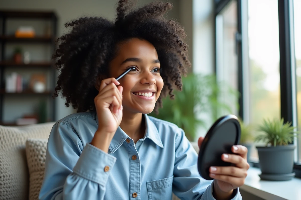 Adolescente souriante se maquillant près d