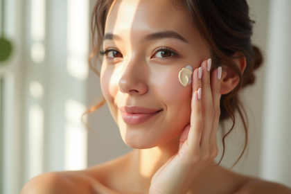 Main d'une femme appliquant une creme beige sur la joue peau lumineuse