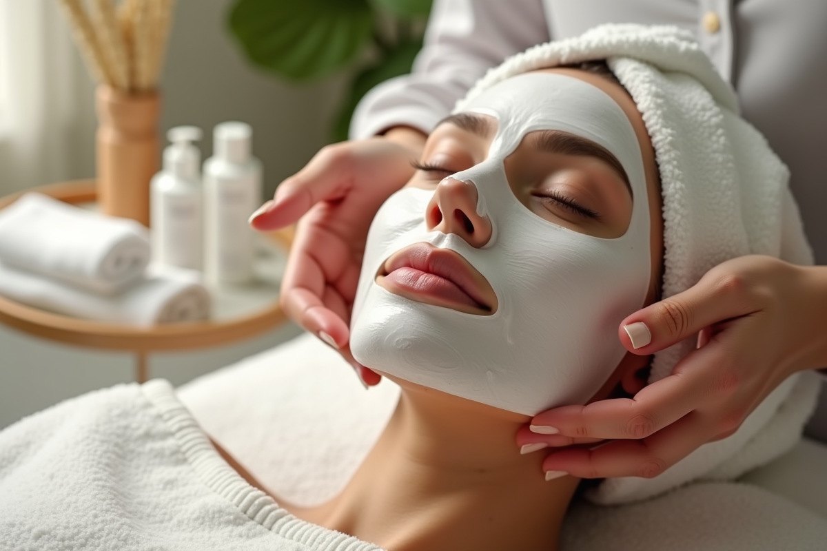 Mains appliquant un masque hydratant sur le visage avec produits de soin en arrière-plan