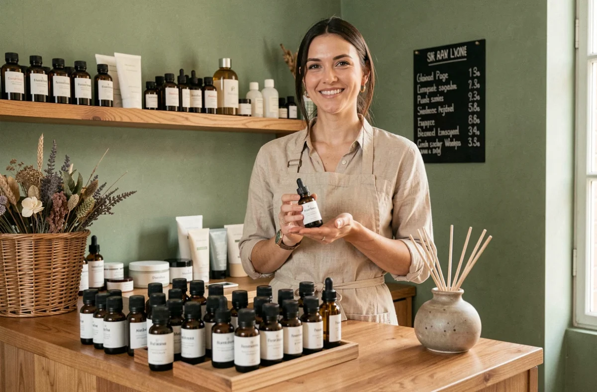 Consultante beauté présentant des produits naturels et huiles essentielles chez Aroma Beauté dans le 4e arrondissement de Lyon