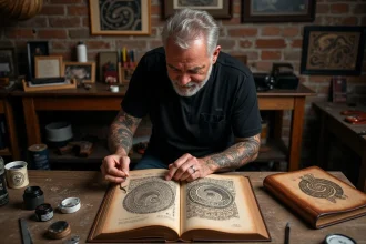 Artiste tatoueur maori étudiant des motifs ta moko traditionnels dans son atelier authentique