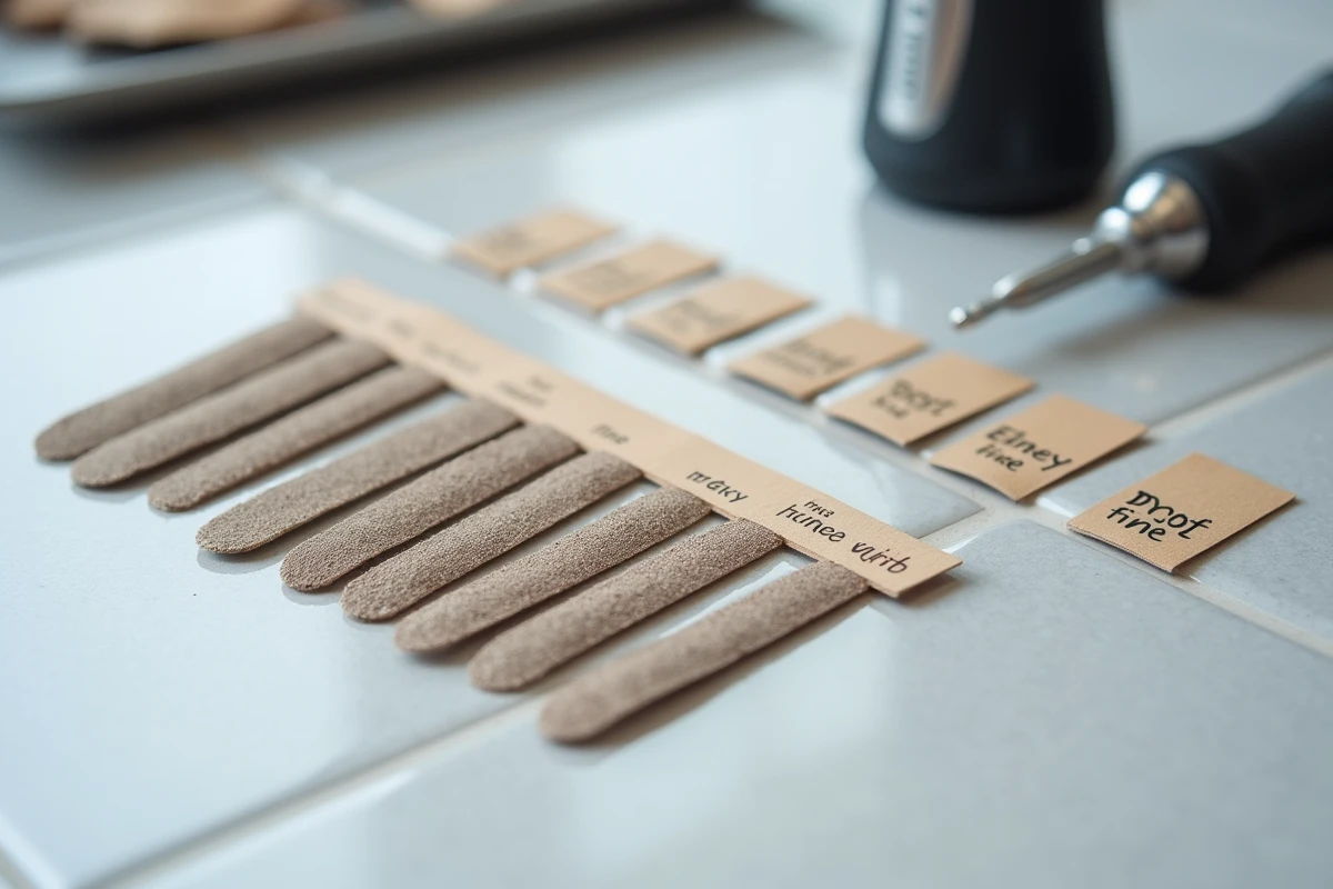 Assortiment de bandes abrasives compatibles avec une lime électrique Lidl classées par grain sur surface grise