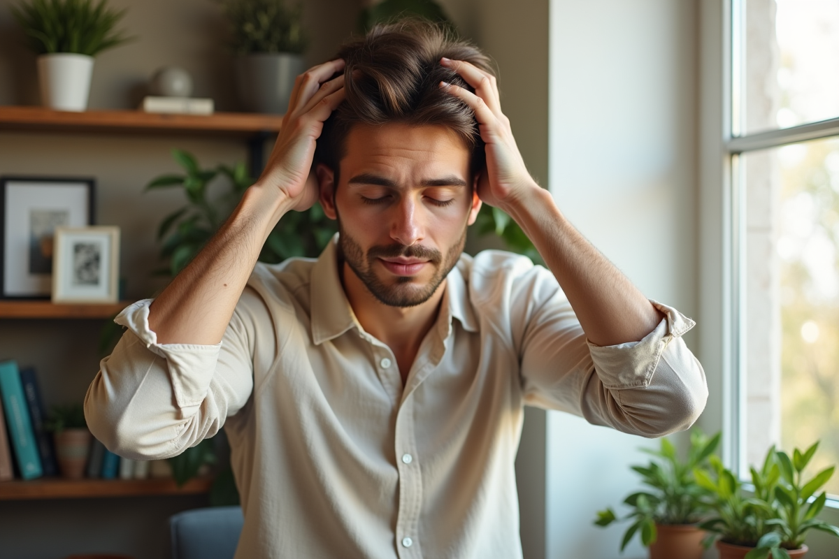 Jeune homme se massant le cuir chevelu près d