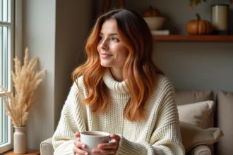Femme aux cheveux balayage roux caramel portant un pull crème, assise près d'une fenêtre avec une tasse de thé, ambiance cocooning automne