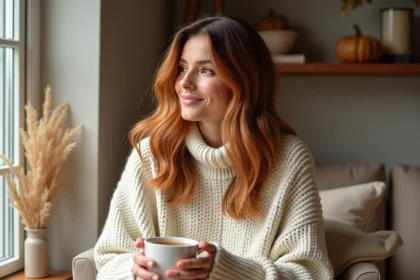 Femme aux cheveux balayage roux caramel portant un pull crème, assise près d'une fenêtre avec une tasse de thé, ambiance cocooning automne