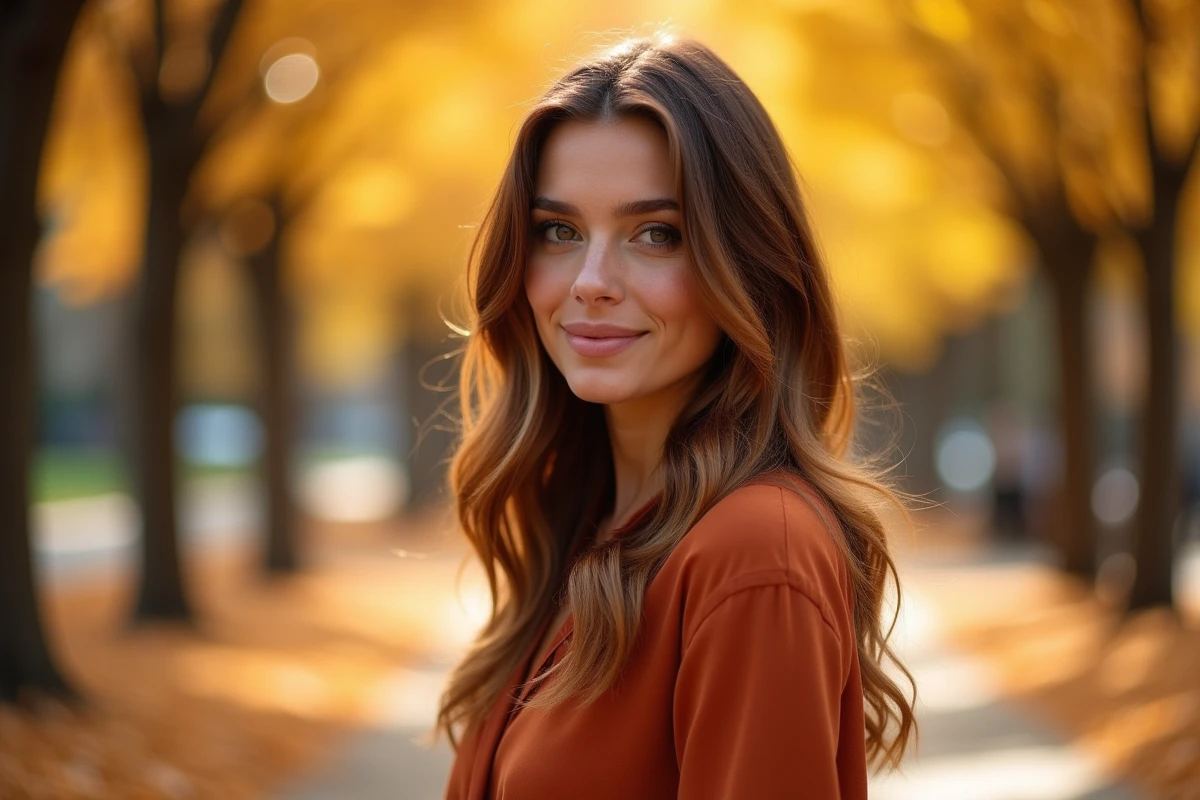 Femme avec un balayage roux caramel en vagues, portant un chemisier rouille, dans un parc aux feuilles dorées en automne