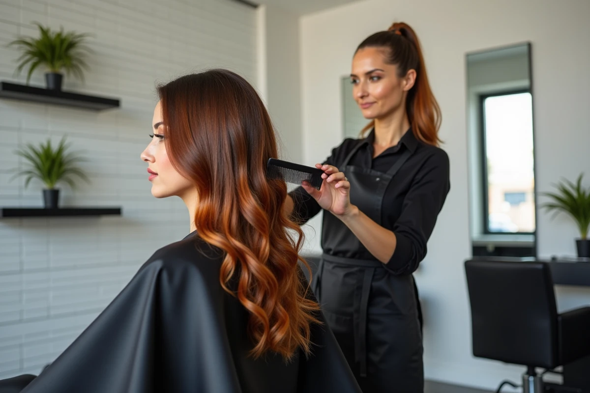 Coiffeuse professionnelle finalisant un balayage roux caramel sur une cliente dans un salon moderne aux murs blancs et touches noires