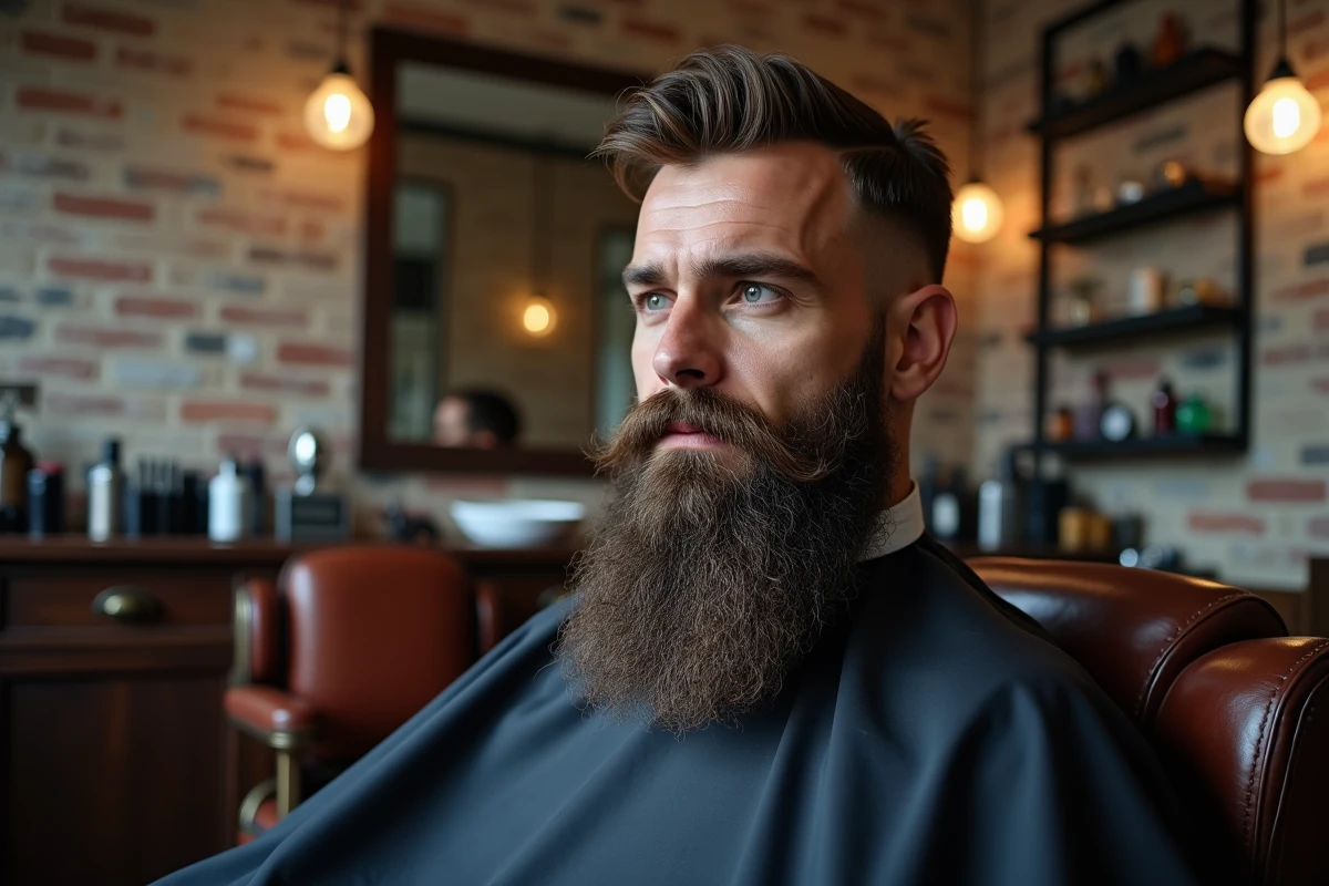 Homme en fauteuil de barbier avec une barbe longue de densité irrégulière examinée par un professionnel