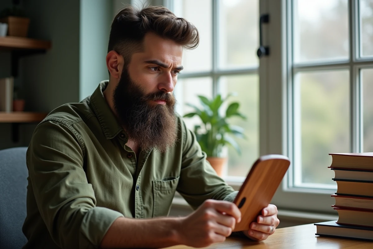 Homme à domicile analysant l'homogénéité de sa barbe longue avec un peigne et un miroir à main