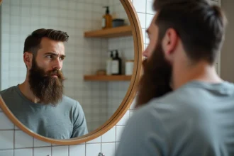 Homme aux 30 ans examinant sa barbe longue inégale dans un miroir de salle de bain avec des produits de soin visibles