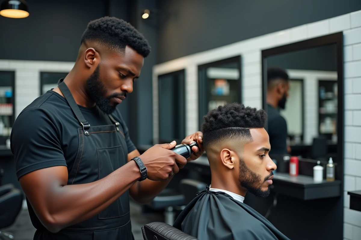Barbier professionnel en train de sculpter une coupe taper fade sur les cheveux bouclés d'un client en salon