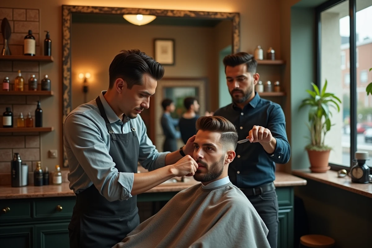 Barbier professionnel en train de réaliser une coupe taper sur cheveux mi-long pour un homme dans un salon de coiffure vintage