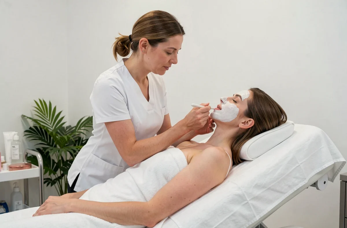 Esthéticienne appliquant un soin du visage sur une cliente dans un cabin de l'institut Beauté & Look à Villeurbanne