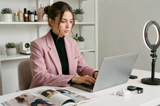 Jeune femme blogueuse mode et tech travaillant sur son ordinateur portable entourée de gadgets geek et de magazines de beauté dans un bureau minimaliste