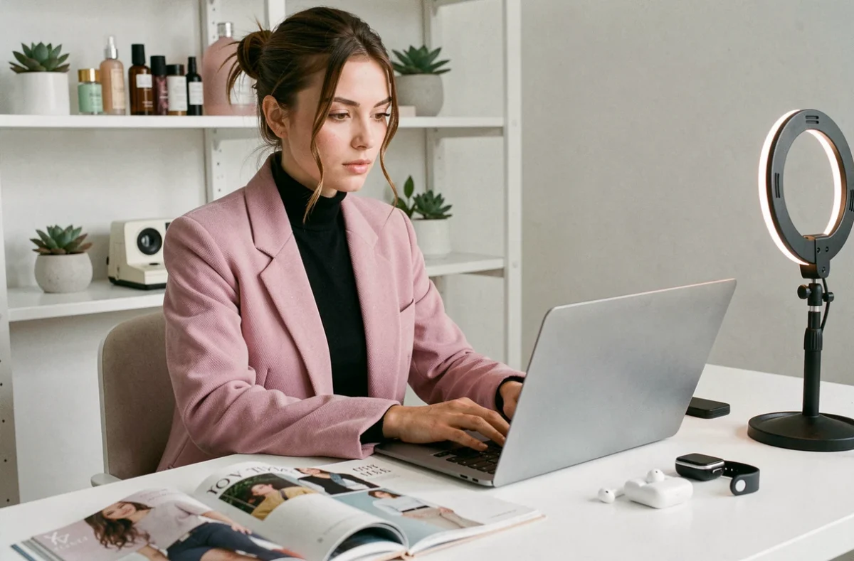 Jeune femme blogueuse mode et tech travaillant sur son ordinateur portable entourée de gadgets geek et de magazines de beauté dans un bureau minimaliste