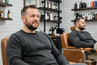 Homme avec un bouc court bien taillé adapté à la forme ovale de son visage, assis dans un fauteuil de barbier moderne