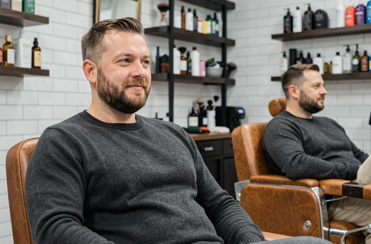 Homme avec un bouc court bien taillé adapté à la forme ovale de son visage, assis dans un fauteuil de barbier moderne