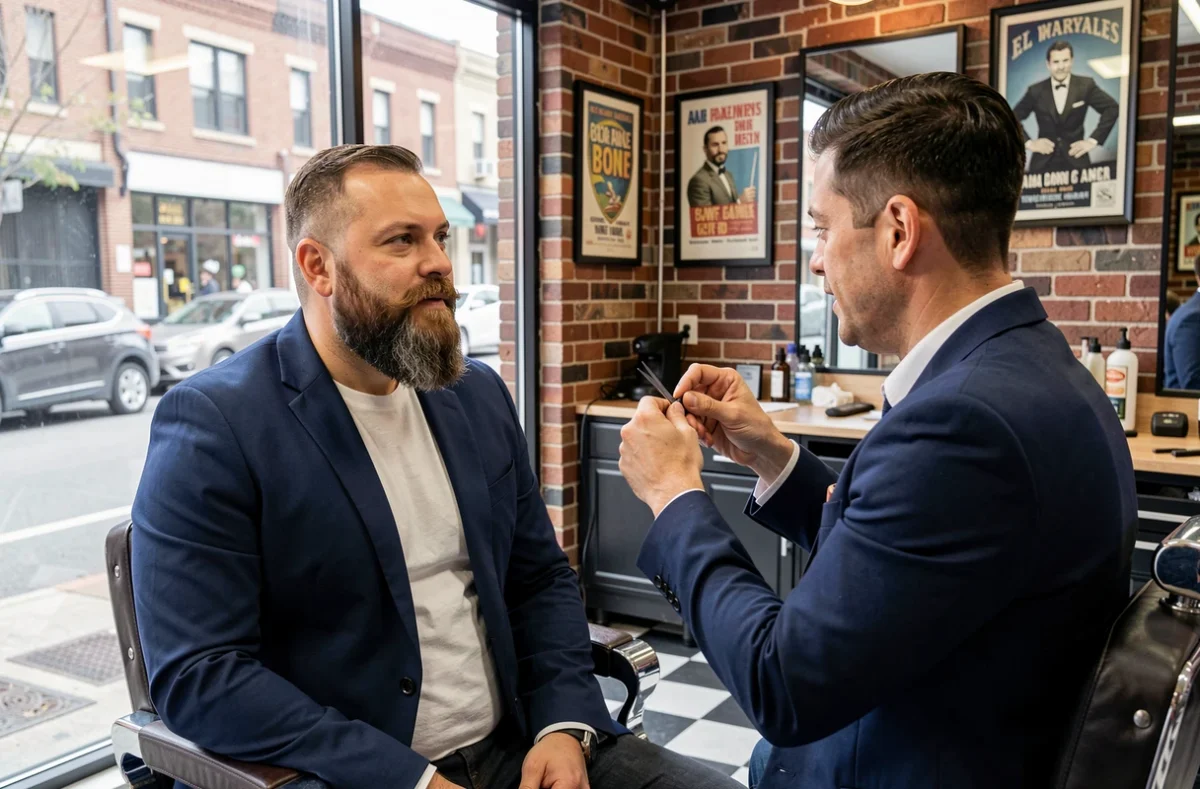 Homme au visage rond avec un bouc Van Dyke allongé en cours de taille chez un barbier de quartier à ambiance vintage