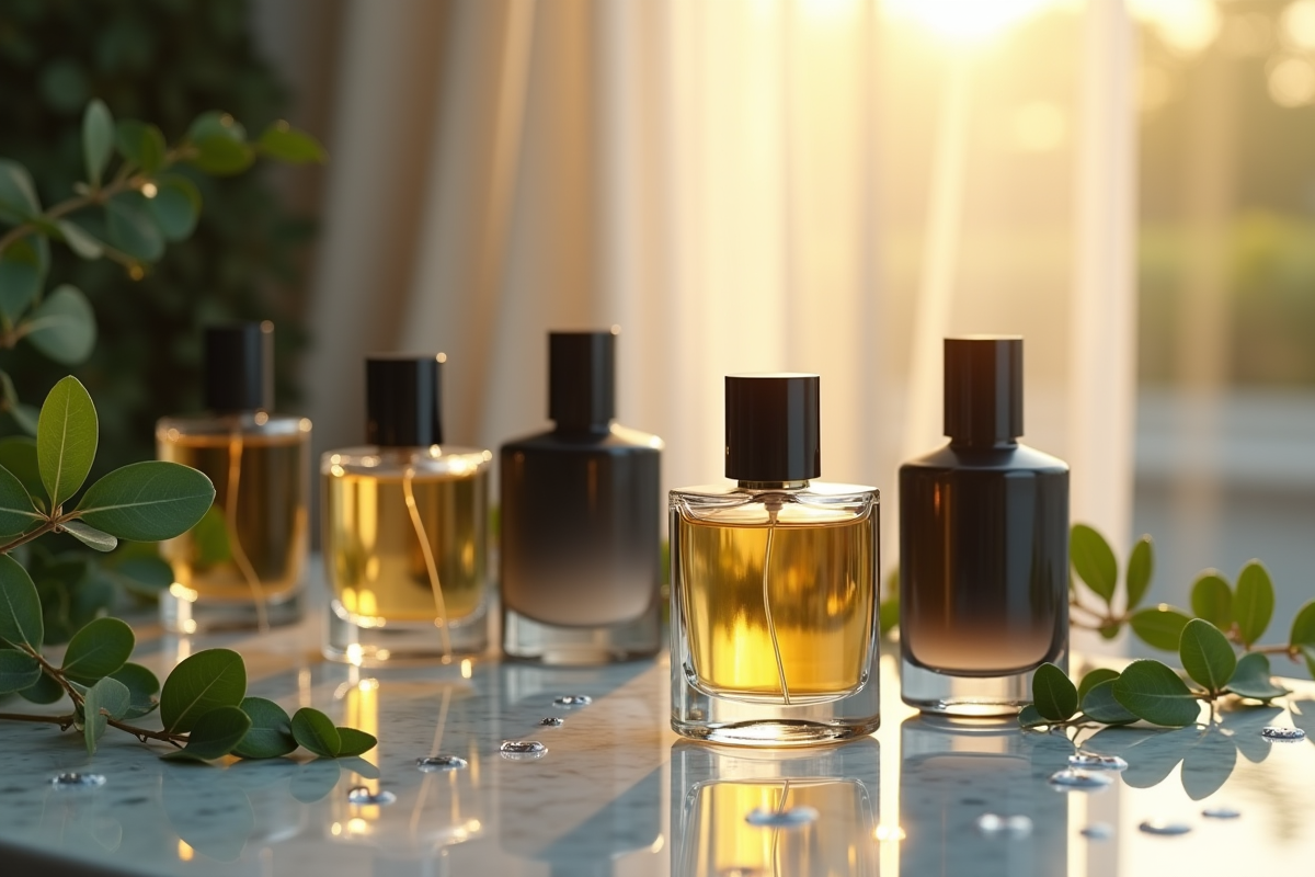 Bouteilles de parfum avec eucalyptus sur marbre en lumière dorée