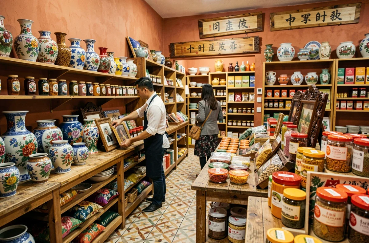 Intérieur d'une boutique de produits orientaux avec un vendeur réapprovisionnant les rayons