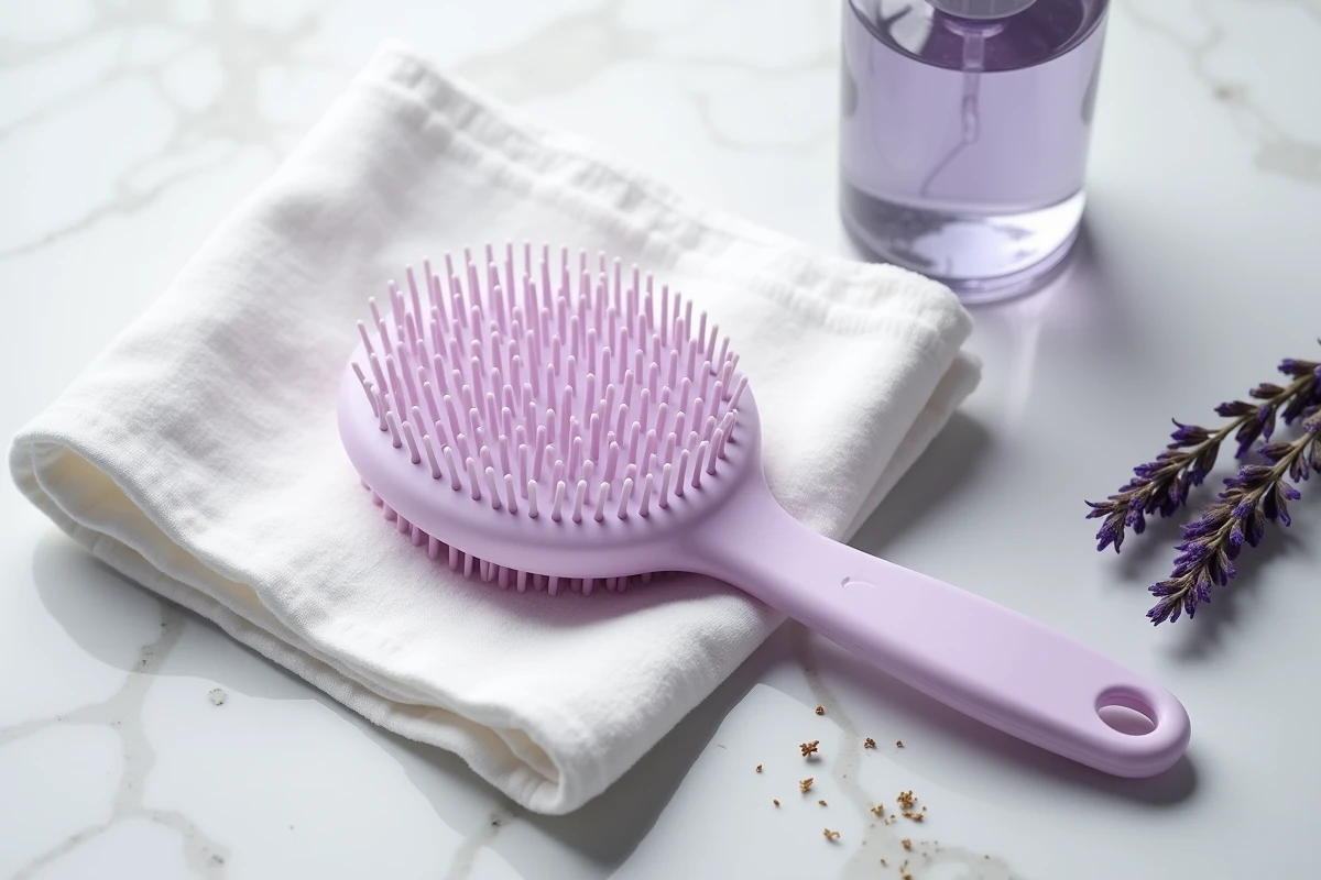 Brosse massante pour cuir chevelu posée sur une serviette en lin blanc avec sérum capillaire et lavande séchée