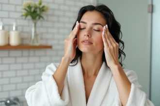 Femme utilisant une brosse massante sur son cuir chevelu dans une salle de bain minimaliste