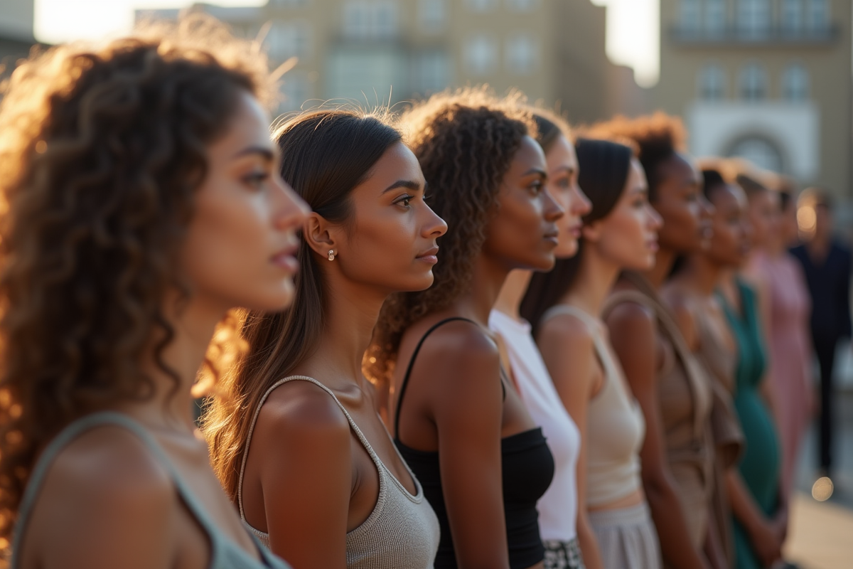 Groupe de modèles en ligne lors d un casting en extérieur