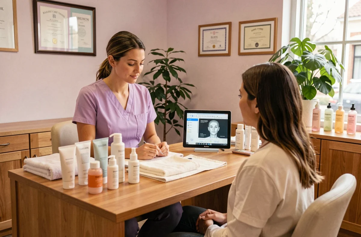 Consultation beauté personnalisée chez Carlance à Caluire-et-Cuire avec une esthéticienne et sa cliente
