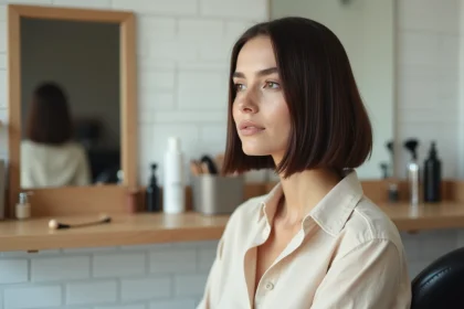 Femme aux cheveux fins coiffée d'un carré droit dans un salon de coiffure minimaliste, vue en portrait trois quarts