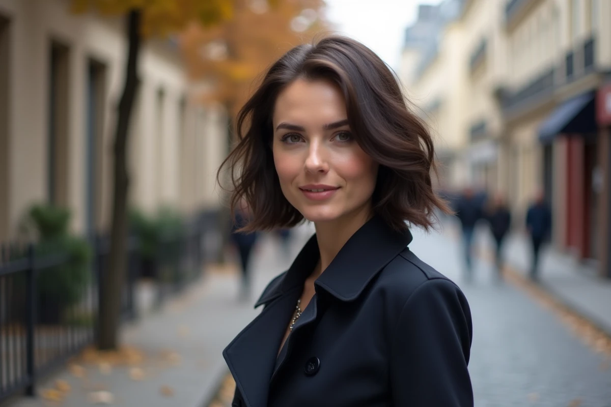 Femme avec un carré plongeant et des cheveux fins en extérieur dans une rue parisienne en automne
