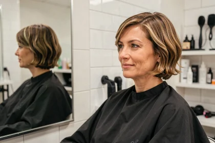 Femme aux cheveux fins courts avec une mini vague douce dans un salon de coiffure moderne, sans effet frisotti