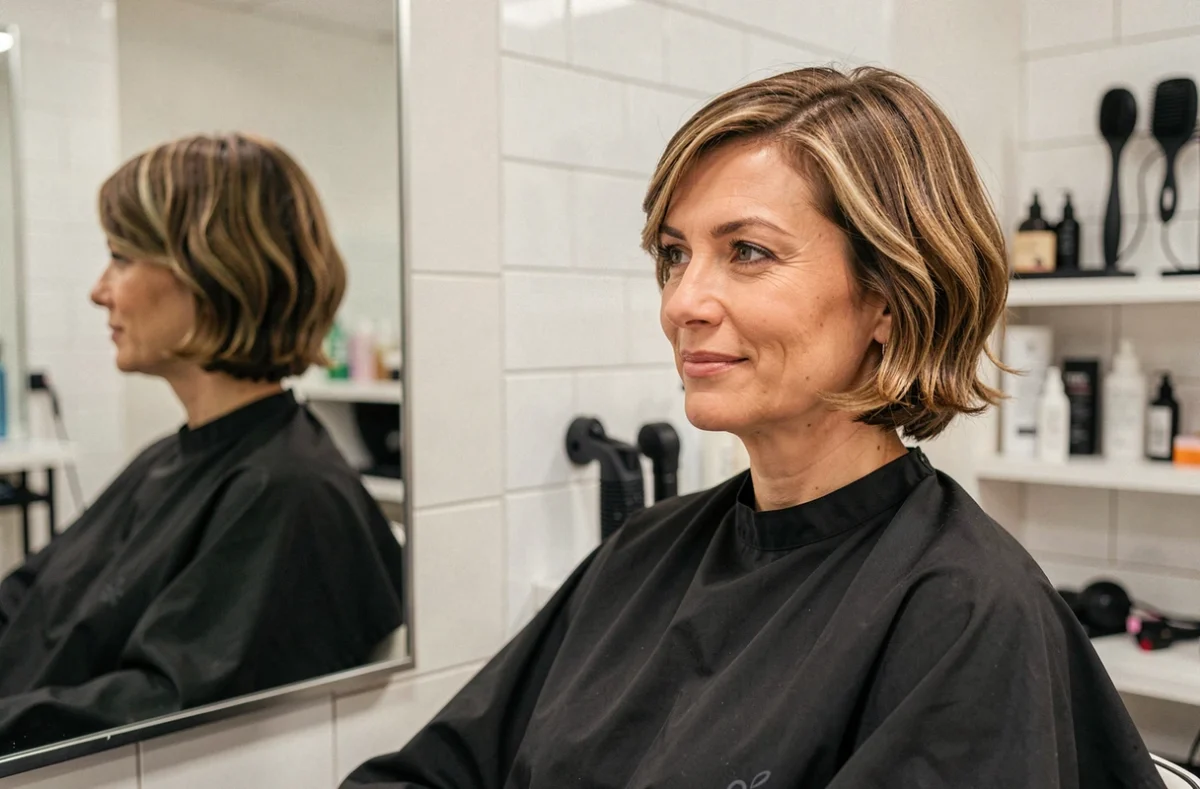 Femme aux cheveux fins courts avec une mini vague douce dans un salon de coiffure moderne, sans effet frisotti