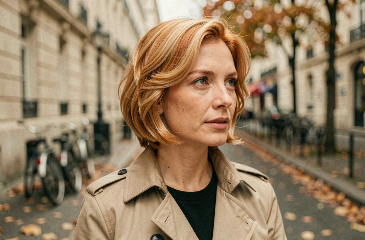 Femme aux cheveux fins courts avec mini vague naturelle en extérieur à Paris en automne, sans effet frisotti