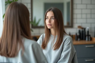 Femme aux cheveux fins et raides sans volume assise dans un salon de coiffure, regardant son reflet avec une expression préoccupée