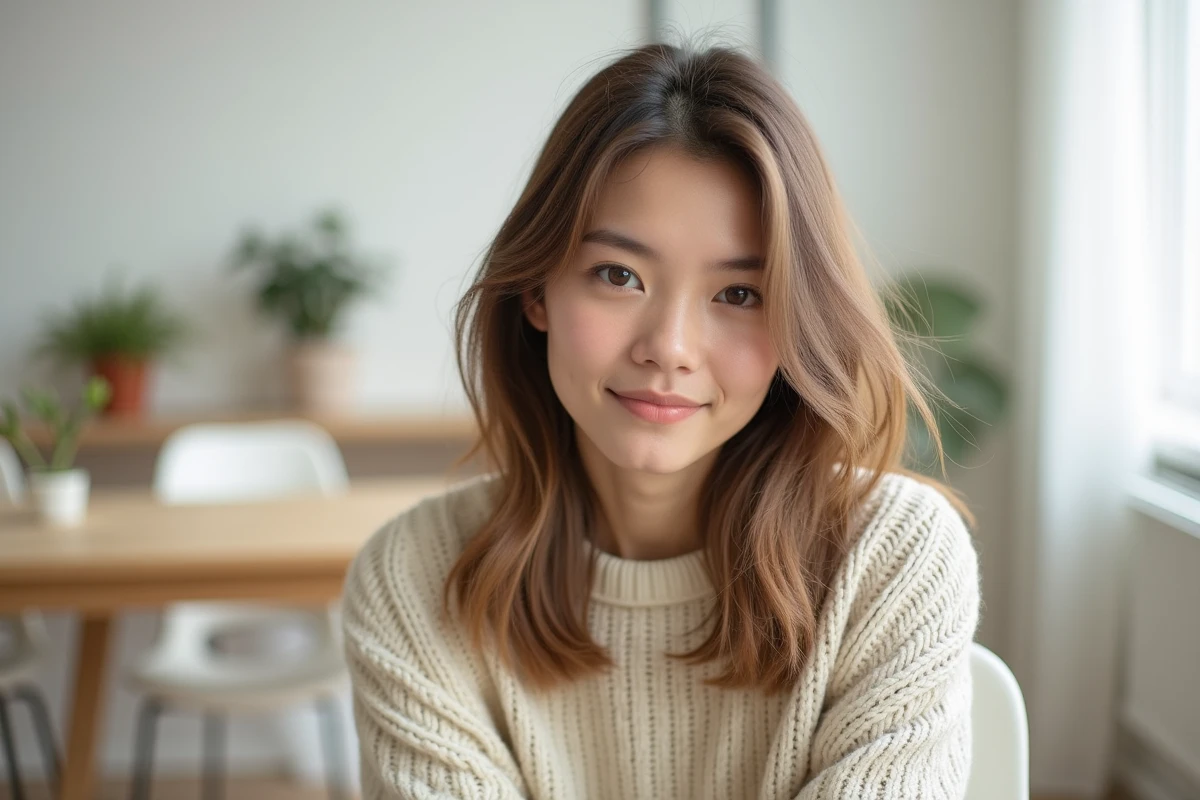 Jeune femme aux cheveux raides mi-longs avec une coupe dégradée et des layers naturels, coiffure féminine tendance