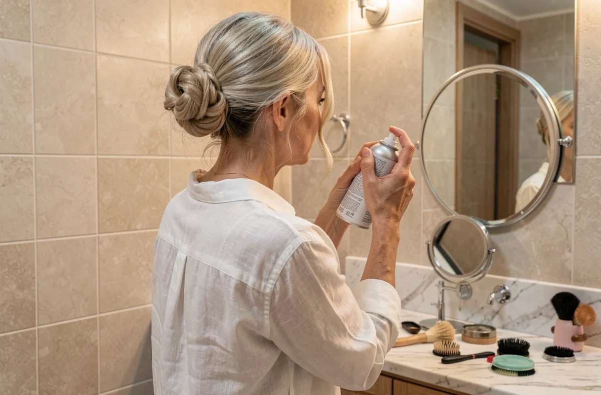 Femme aux cheveux fins réalisant un chignon élégant devant le miroir de sa salle de bain