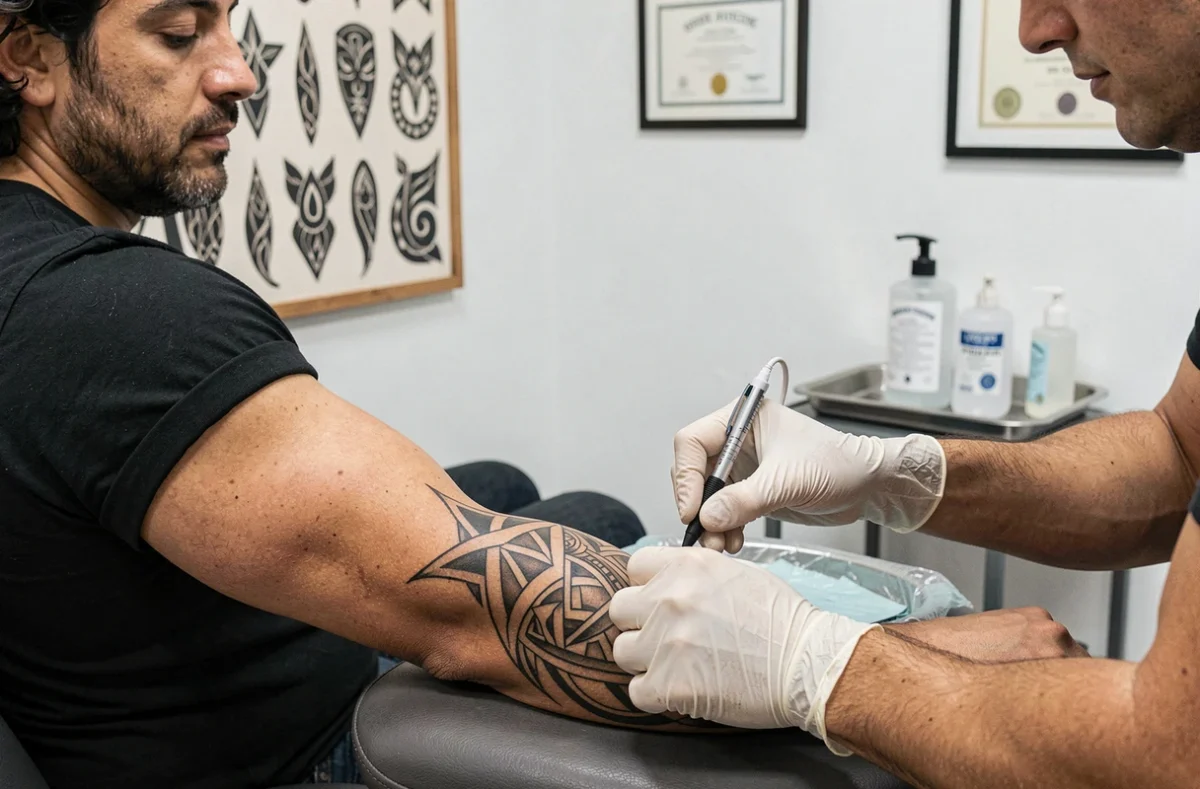 Client recevant un tatouage tribal géométrique sur l'avant-bras dans un studio de tatouage professionnel