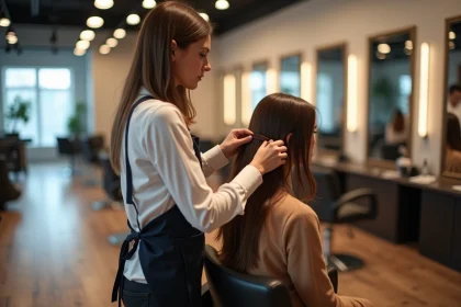 Coiffeur appliquant des extensions cheveux bruns en salon