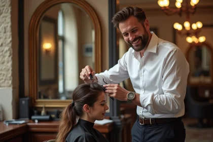 Homme styl&eacute; coiffant un client dans un salon parisien chic