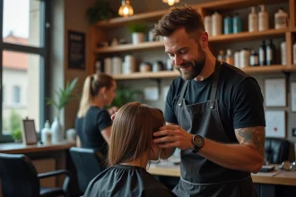 Homme coiffeur souriant en salon toulousain chaleureux