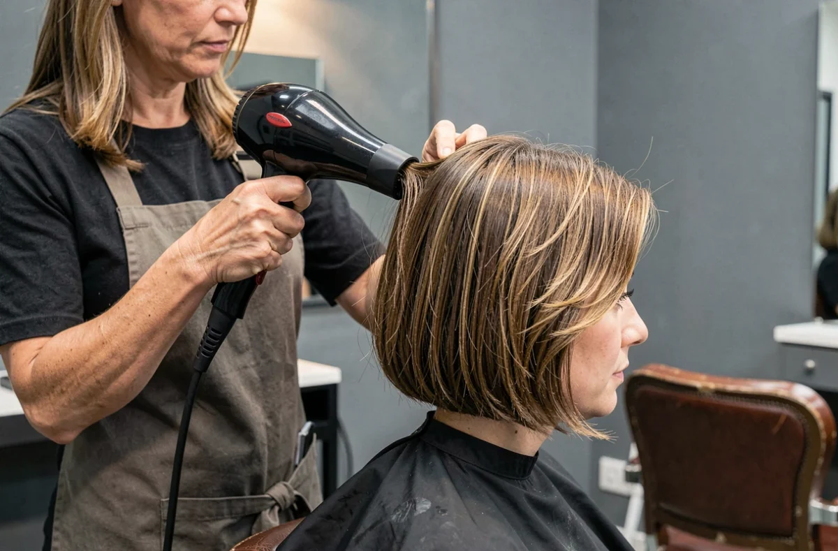 Coiffeuse utilisant une brosse ronde pour créer une mini vague sur cheveux fins courts sans frisottis