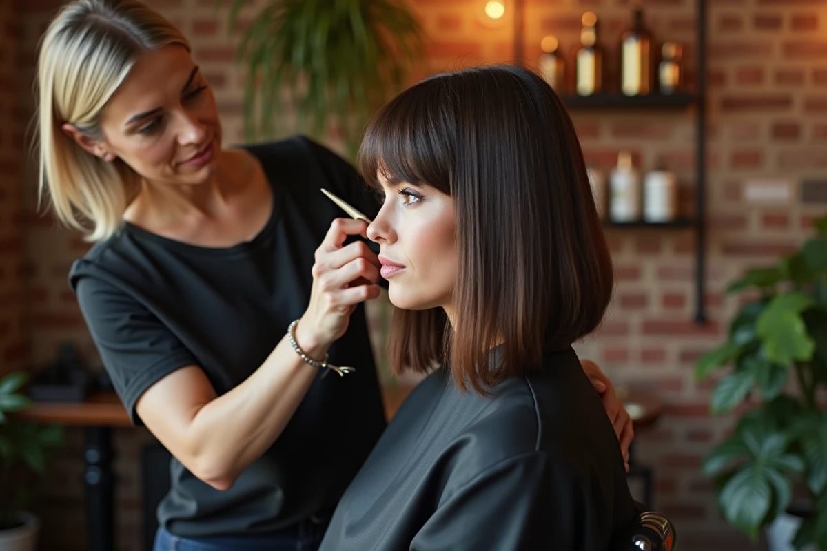Coiffeuse réalisant un carré sur cheveux fins dans un salon de coiffure chaleureux aux murs en brique