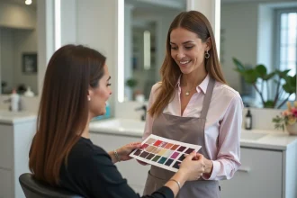 Coiffeuse souriante avec palette de couleurs en salon