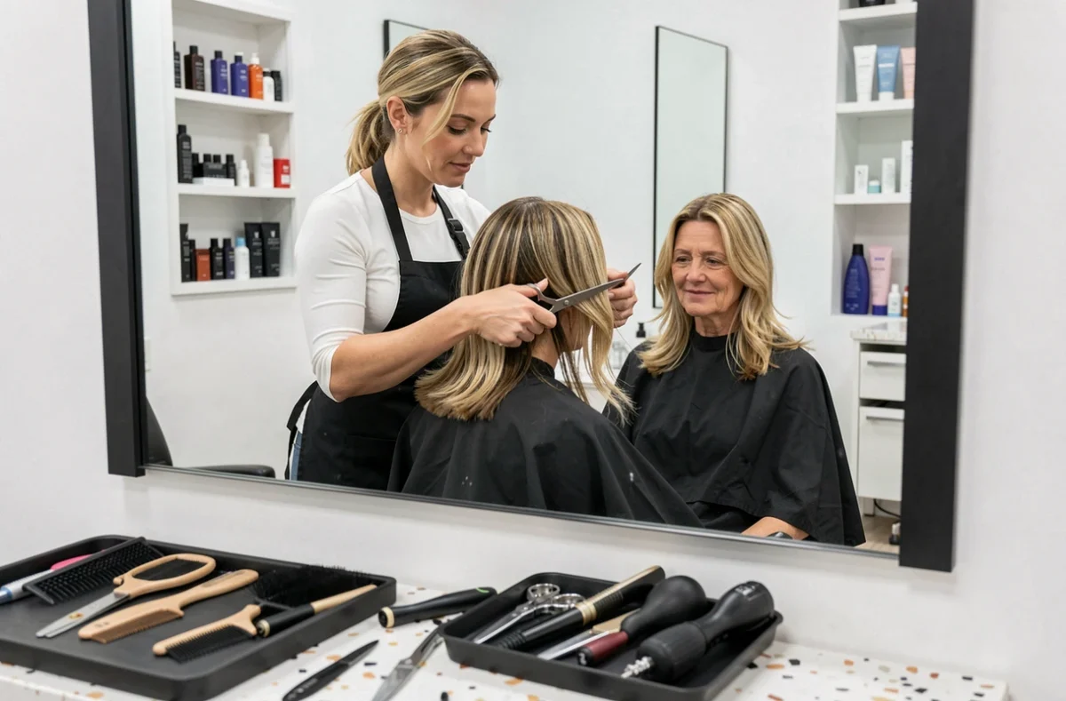 Coiffeuse professionnelle coupant les pointes d'une cliente blonde pour une coupe rajeunissante en salon