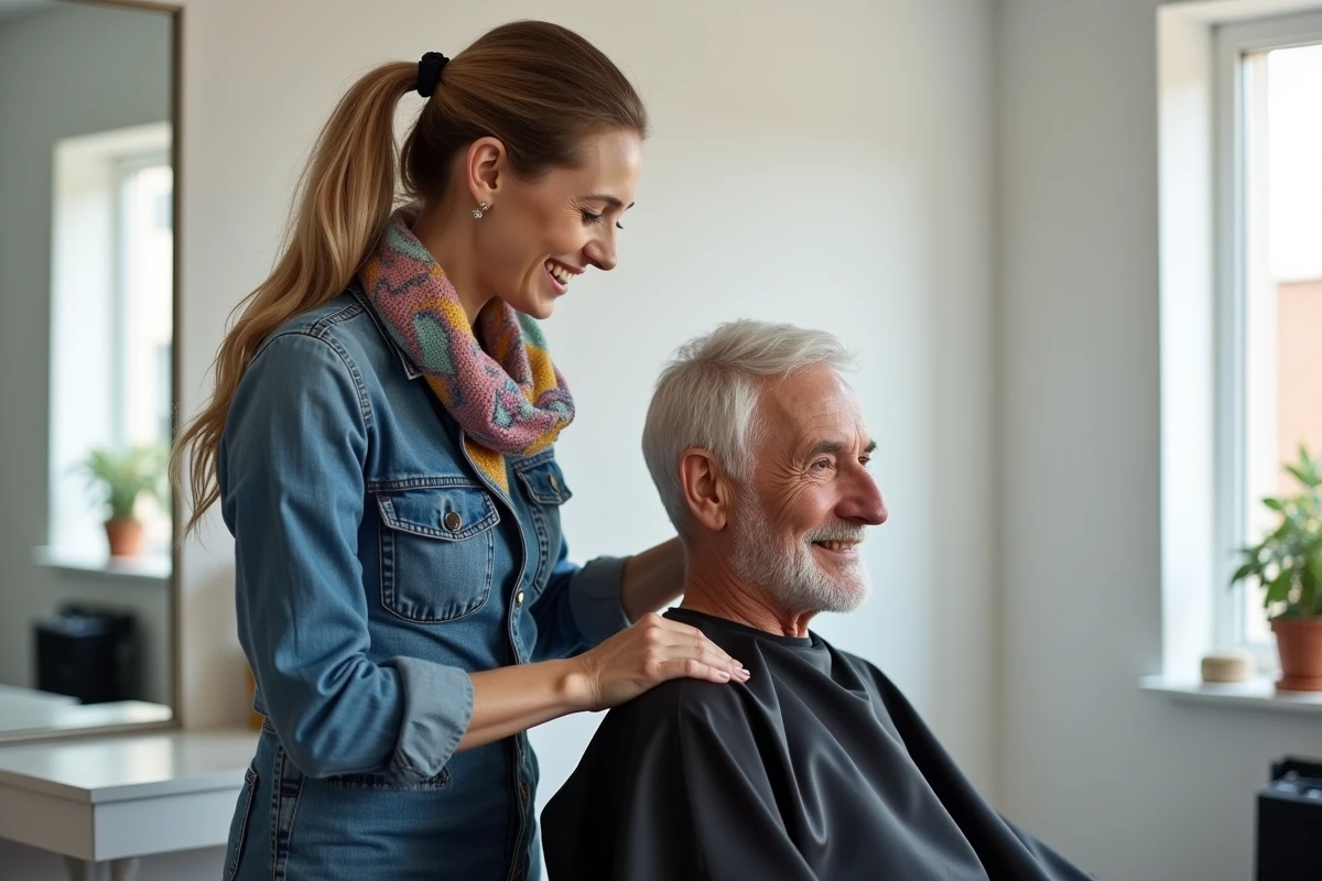 Jeune coiffeuse riant avec un client &acirc;g&eacute; dans un studio lumineux
