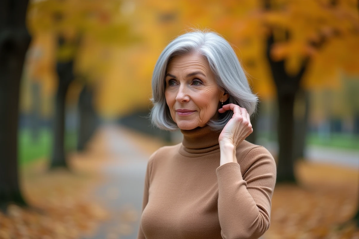 Femme élégante aux cheveux blancs en carré plongeant dans un parc en automne