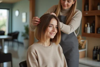 Femme souriante avec coupe bob dans un salon moderne