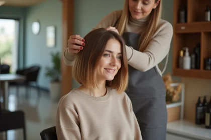 Femme souriante avec coupe bob dans un salon moderne