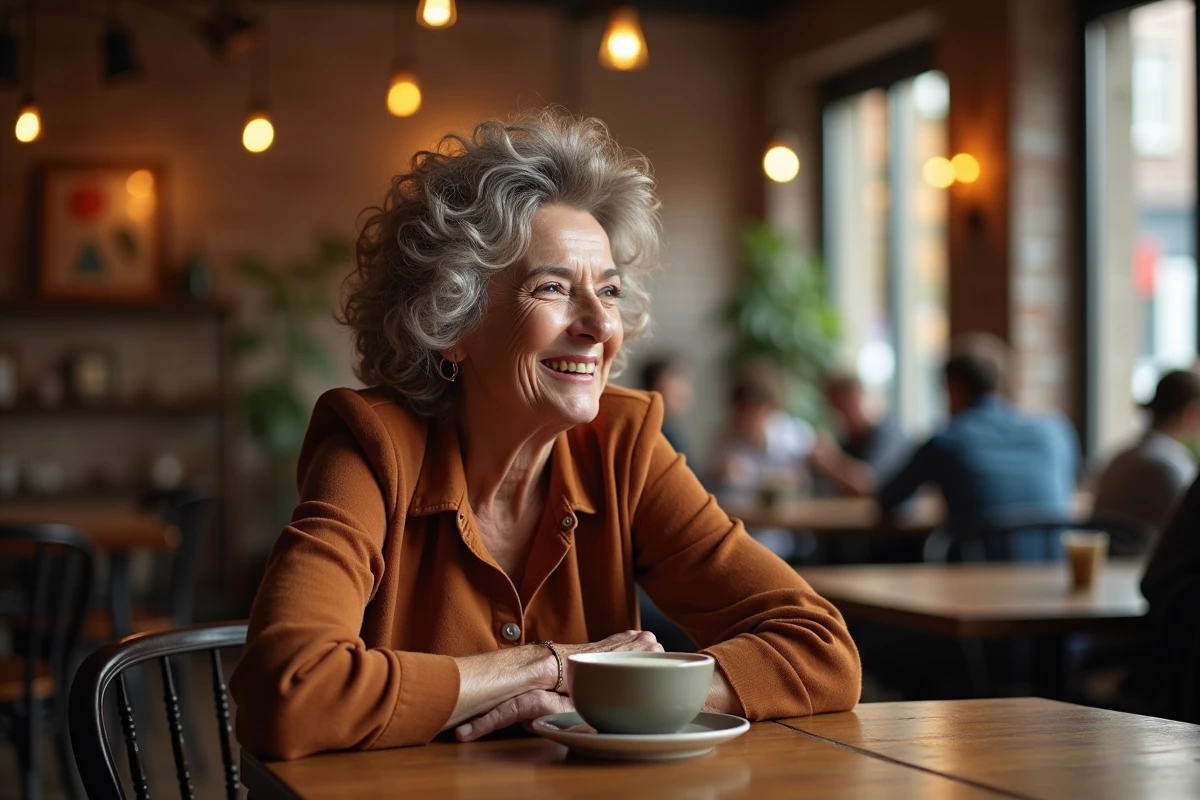 Femme de 70 ans aux boucles châtaignes riant dans un café vintage